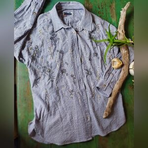 Pilcro Blue and White Embroidered and Beaded Button-Down Shirt